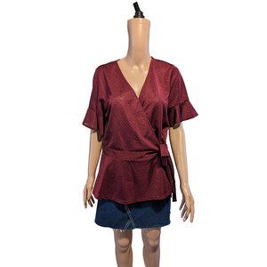 Michael Michael Kors Sz L Wrap Top Blouse Burgundy Red Gold Studs Stretch Tie